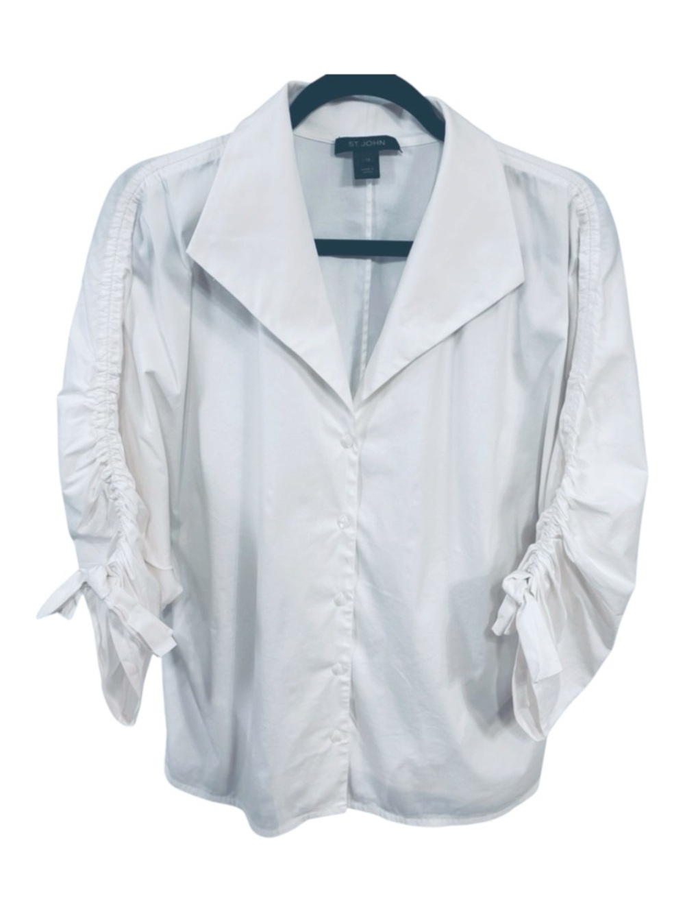 St. John White Blouse with Butterfly Ruched Sleeves and Bow - Sz 12 Like New